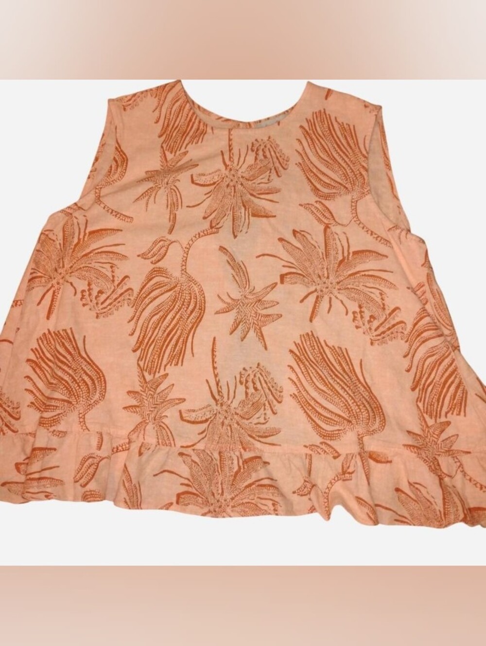 Charlie Paige Peach Tropical Botanical Print Linen-Blend Open-Back Ruffle Top (S